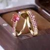 Wedding Rings Luxury Rose Red Blue Purple Green Stone Bands Antique Gold Color Couple Engagement Ring Sets For Women Mothers Day Gifts