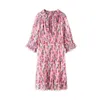 Sweet Gan – robe ample à imprimé floral rose, bord à volants, fleur fragmentée, manches 3/4, nouvelle collection, 24