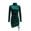 Abiti casual Verde Velluto sexy Mini Donna Autunno Manica lunga Guaina sottile Abito aderente attillato Collo alto Abiti da festa increspati