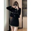 Vestido de duas peças unxx mulheres inverno fragrância renda costurada tweed terno saia conjunto preto estilo hepburn em torno do pescoço blazers de lã de duas peças