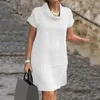 Vestidos casuais vestido de gola de xale de cor sólida elegante cachecol midi para mulheres de joelho solto de joelho solto com mangas curtas