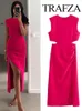 TRAFZA Cut Out Rose Red Dress Woman Ruched Summer Long Dresses For Women Sleeveless Midi Party Elegant Evening 240313