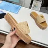 luxury womens sandal slippers designer sandal Wood sole Platform sandals Laffia woven Triangle metal top quality flip-flops beach Vacation leisure family size 35-42