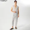 Overalls 2023 Men Jumpsuits Lace Transparent V Neck Sleeveless Sexy Male Rompers Zipper Loose Streetwear Fashion Overalls S5XL INCERUN