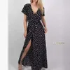 Womens Summer Short Sleeve V-neck Low Cut Printed Polka Dot Dress