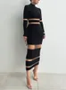 Mozision Patchwork Bodycon Sexy Midi Dress for Women 2023 Outumn Winter Turtleneck Sleeve Club Party Elegant 240313