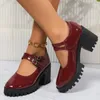 Dress Shoes Platform Heels Women 2024 Spring Round Toe Women's Pumps Comfortable Chunky Heel High Quality Wine Red