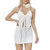 Work Dresses Women's Y2K Summer 2 Pieces Outfit Sets Sleeveless Hanging Neck V Irregular Camisole Ruched Bodycon Solid Color Mini Skirt
