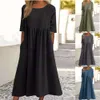 Spring and Summer New Round Neck 5/3 Sleeve Large Casual Loose Long Pure Cotton Linen Dress