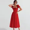 Casual Dresses Lace-up Midi Dress Summer Elegant Square Neck With Tiered Ruffles Strap Detail Women's A-line