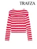 Tricots pour femmes TRAFZA Mode Cardigan tricoté Sweet Y2K Manches longues Col bleu marine Pull à rayures rouges et blanches pour femmes 2024 Printemps