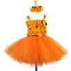 Abiti da ragazza Vestito da tutu con petali di fiori arancioni per bambini Vestito da balletto nero all'uncinetto in tulle con fascia per capelli Costume da festa di Halloween per bambini