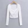 Women's T Shirts Long Sleeve White Crop Tops Women 2024 Summer Sexy Tshirts For Black Square Neck Top Ruched Knitted Fashion Shirt Woman