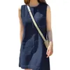 Vestidos casuais solto corte vestido elegante verão com bolso no peito uma linha silhueta acima do joelho para mulheres retalhos de cor sólida