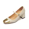 Klänningskor LESHION OF CHANMEB Äkta läderkvinnor Mary Jane Pumps Designer Mix-Color Thick High-Heels Square Toe Buckle Shoe Spring 33-40