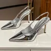 Elbise ayakkabıları kadınlar kristal yüksek topuklu slingback sivri ayak parmağı gümüş pompalar moda lüks markalar ince topuk sandallar metalik parti gündelik