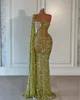 Vestidos de noite de sereia verde elegantes lantejoulas pérolas vestido de baile ilusão corpete glitter vestidos formais para ocasiões especiais trem de varredura robe de soiree