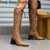 Сапоги 2024, модная женская обувь до колена на шнуровке спереди, на массивном каблуке с молнией и леопардовым принтом, женская обувь до колена, размер 34-46