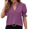 Camicette da donna Camicia casual estiva Camicetta da donna Elegante scollo a V manica a sbuffo vestibilità slim tinta unita per