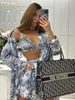 Clacive Fashion Lose Print 3 -Stück Sets Frauen Outfit elegantes Langarm -Hemd BH mit hohen Taillen Shorts Set Streetwear 240313