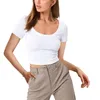 T-shirt da donna Mxiqqpltky U Collo a costine Crop Top per le donne Basic Manica corta Slim Equipaggiata Allenamento Stretto Baby Tee 2024 Estate