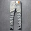 Jeans masculinos streetwear moda homens retro lavado luz azul estiramento fino ajuste pintado rasgado vintage designer denim calças