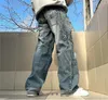 Mäns jeans jnco broderade bokstäver ljusblå retro tvättade gatutrend hög midja kvinnors breda benbyxor