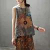 QPFJQD Vintage Peint Réservoirs Femmes Sans Manches D'été Lin T-shirt Luxueux Encre Paysage Modèle Dames Impression Gilet Hauts