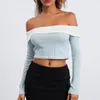 Kvinnors T-skjortor Kvinnor Crop Off-Shoulder Tops Kontrast Färg Långärmad skjorta Casual Pullovers för Club Eesthetic Clothes Summer Cami