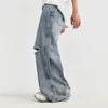 Män hiphop rippade jeans vintage blå bredben denim byxor sidknapp lapptäcke vår sommar streetwear baggy rak byxor 240313