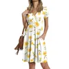 Casual Dresses Women Floral Printed Summer Dress 2024 Clothing Loose V Neck Short Sleeve Pleated Pockets Party