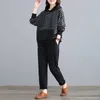 Primavera casual solto listrado com capuz 2 peças conjuntos moletom e calças harem agasalho oversized 4xl coreano sweatsuit feminino outfit 240311