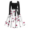 Vestidos casuales Mujeres Sundress Vintage Estampado floral A-Line Manga larga elegante Cintura con cordones Vestido de fiesta de vacaciones Vestido femenino