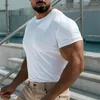Camiseta masculina elástica fina respirável algodão masculino manga curta o pescoço esportes músculos treinamento masculino camiseta casual cor sólida tops