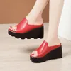 Pantoufles 8cm petite taille 32-43 mode sandales en cuir véritable compensées d'été 2024 femmes talons hauts diapositives pour bureau maman plage