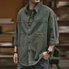 Men's Casual Shirts Retro Style Shirt Cardigan With Turn-down Collar Patch Pockets Long Sleeve Solid Color Button-up For Spring Men