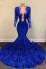 Blue Stunning Sequined Lace Mermaid Prom Dresses Vintage Long Sleeve Sexy Plunging V Neck Formal Ocn Evening Gowns Junior Graduation Wears Bc12646