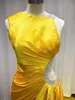 Yellow Evening Dresses Elastic Silk like Satin Long Prom Dresses Side Zipper Shining Sequins Beaded Sexy Side Court Train Party Dresses Real Pictures