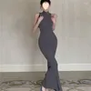 Casual Jurken Sexy Hoge Kraag Gebreide Katoenen Lange Zeemeermin Jurk Y2k Vrouwen Mouwloze Stretch Bodycon Fishtail Gewaad Koreaanse Maxi vestidos