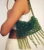 Drawstring Fashion High Quality Tassel Design Women's Shoulder Bags Dark Green Transparent Acrylic Beaded Knitted Handheld Phone Bag