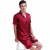 Mens Silk Satin Pajamas Pajamas Krótki zestaw Zestaw do upicia w salonie USMLXL2XL3XL4XL Solid__s 240313