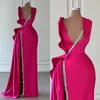 Barbie Pink Sheath Evening Dresses Elegant Ruffle V Neck PROMEDING PEADING SATIN Dresses For Special Eccesions Split Sweep Train Robe de Soiree