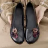 Loafers tre blommor retro svarta lägenheter för kvinnor äkta lädermockasin vintage kvinna grunt loafers mysiga sommar kvinnor glider på skor