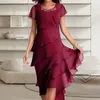 Casual Dresses Chiffon Gown Dress Elegant Beaded Decor O-neck Midi With Layered Cake Hem For Wedding Guests Parties Short Sleeve
