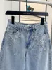 Jeans pour femmes jambe large femmes bleu clair lâche strass décoration taille haute mode 2024 printemps femme denim pantalons longs