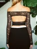 Women T koszule Kobiety z ramion Sheer Lace Crop Top Długie rękaw szyja szczupła bluzka Seksowna solidna See przez przyciętą koszulę