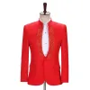 Suits 2piece Men Beaded White Suit Jacket Twopiece Black Stand Collar Red Embroidery Stage Prom Costume