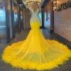 Luxury Yellow Feather Prom Dresses Sexy V Neck Mermaid Evening Dress Plus Size Open Back Black Girls Formal Ceremony Gowns vestidos de noche