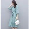 Party Dresses 2024 Spring Women's Mid-Length Shirt Dress Fashion A-line Skirt Five-Point Sleeve Blue Thin