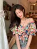Blouses pour femmes Été Coton Femmes Volants Crop Tops Slash Cou Style Coréen Vintage Doux Imprimé Slim Chic Bord de Mer Vacances